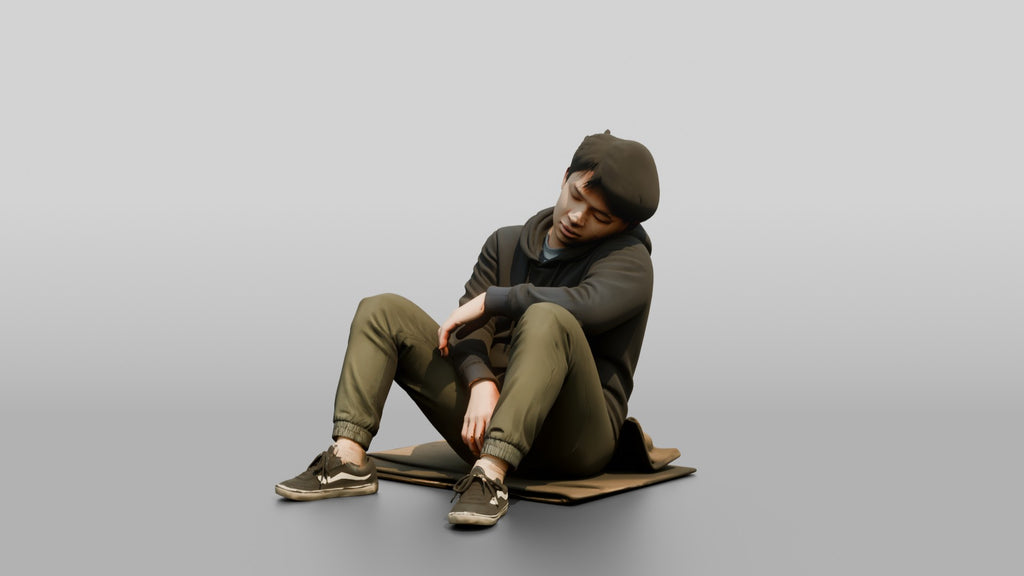 Homeless Man Sleeping with His Back Against a Wall Structure