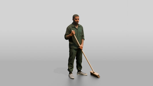 Black Male Prisoner in a Dark Green Uniform Holding a Push-broom - 3D character model, view 1