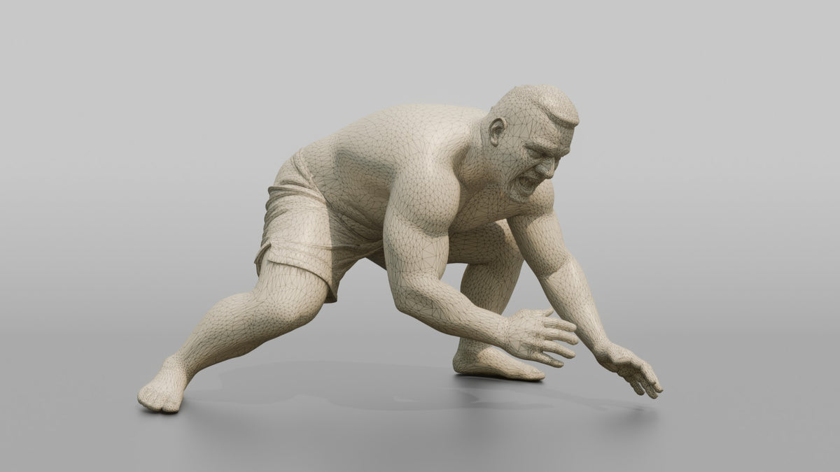 Wrestler Low Sprawling Defensive Posture to Counter a Takedown - wireframe topology preview