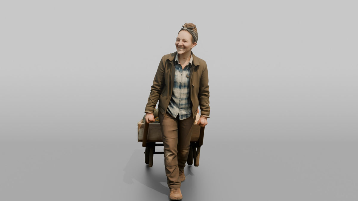 Farmer Pulling Heavy Hand Cart Loaded Organic - 3D character model, view 5