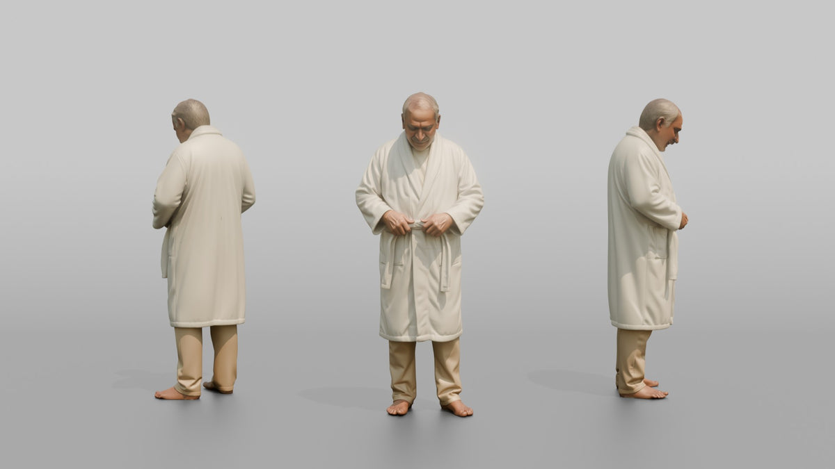 Spa Client Man Standing Adjusting A Robe Belt, Relaxed Posture - 3D character model, view 1