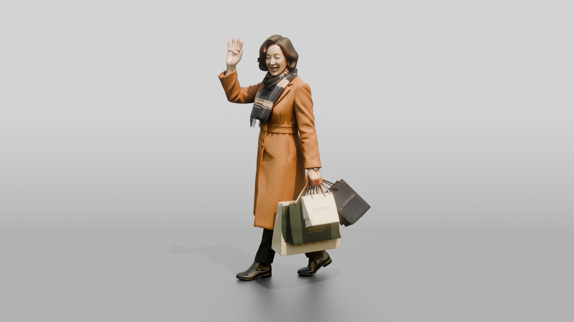 Woman Waving in Camel Wool Coat