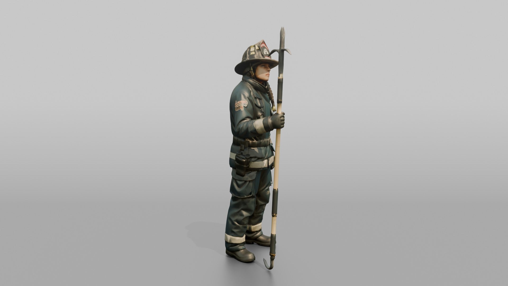 Firefighter Woman Scanning Overhead While Holding a Pike Pole
