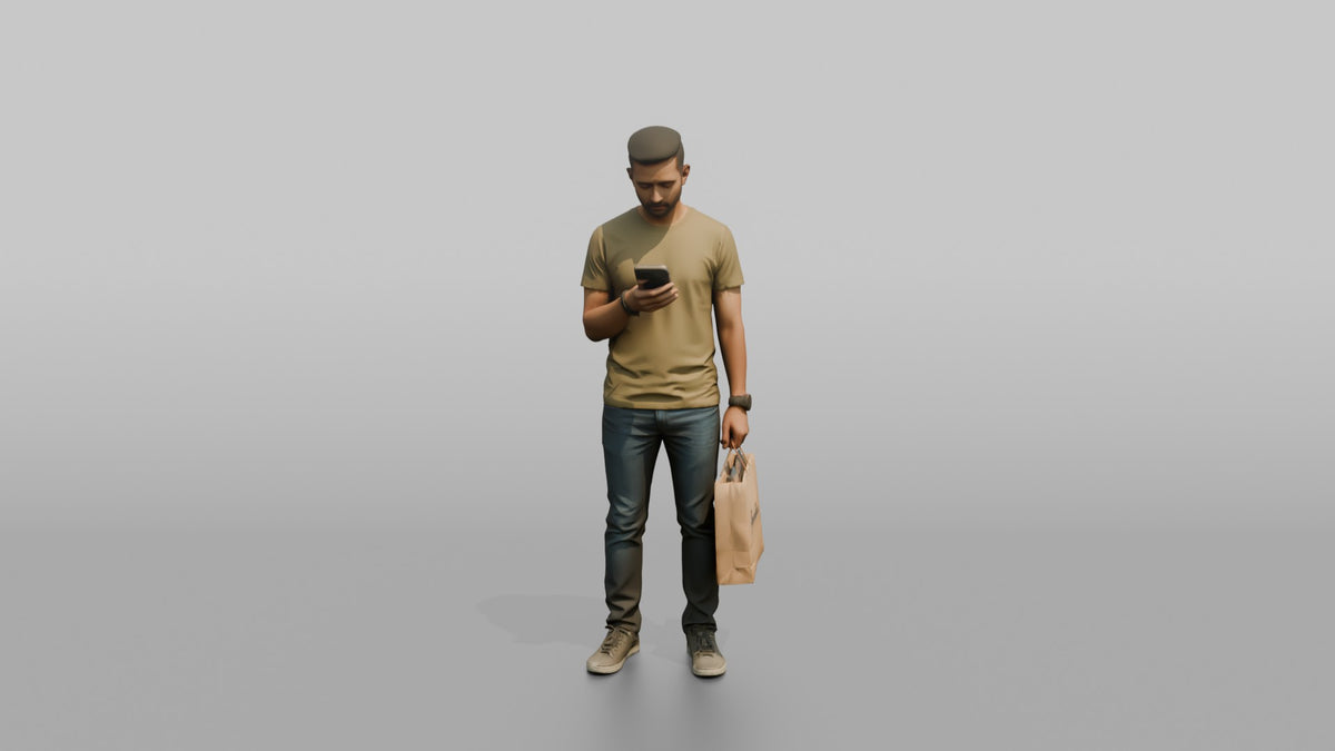 Man Customer Checking His Phone While Holding A Shopping Bag - 3D character model, view 5