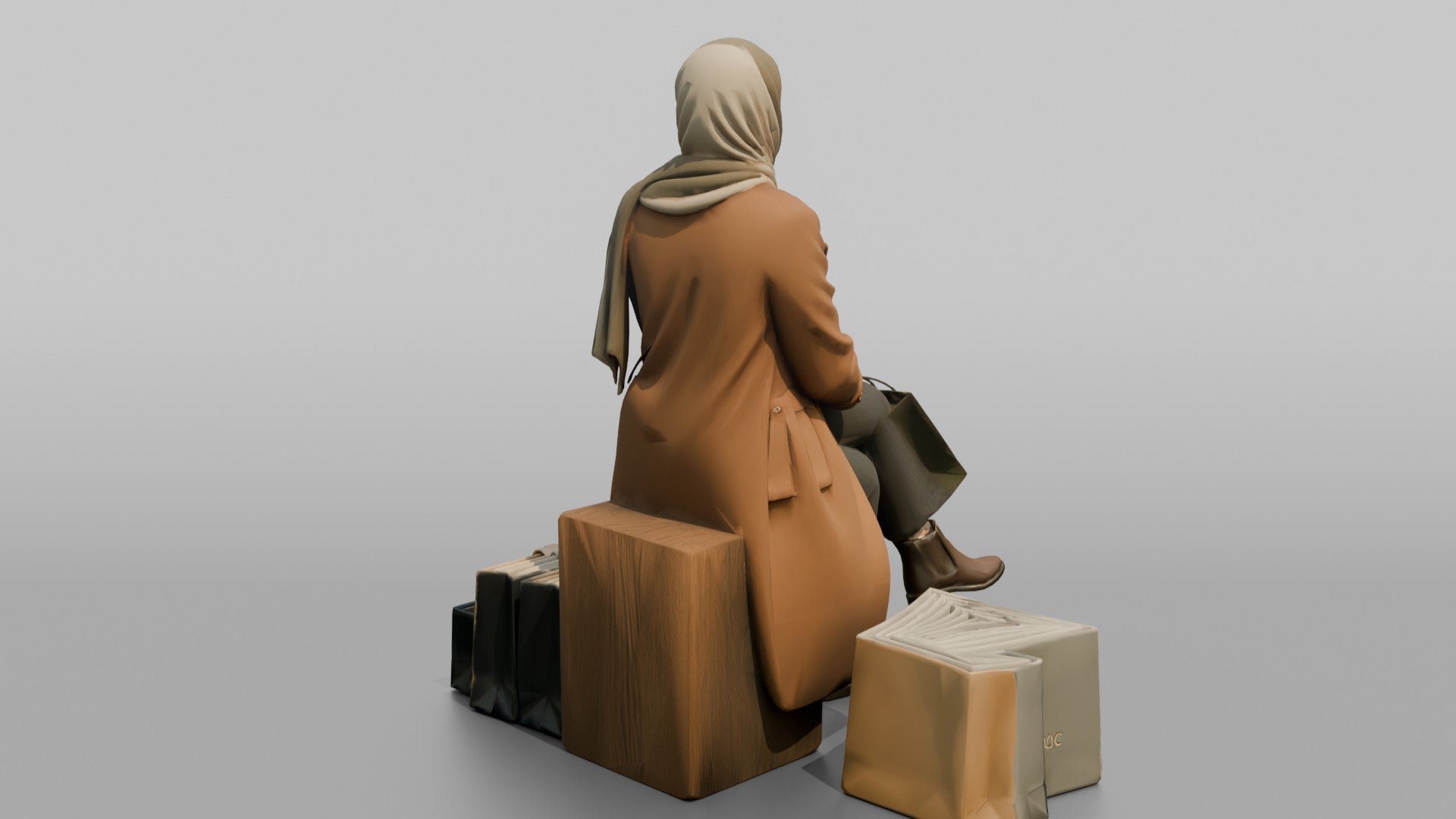 Hijab Woman in Camel Coat Sitting with Shopping Bags