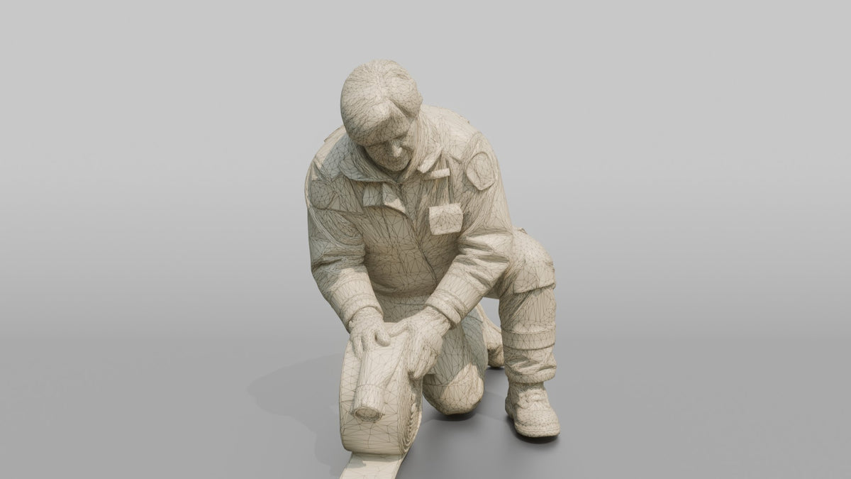 Firefighter Woman Rolling Up a Flat Fire Hose on the Ground - wireframe topology preview
