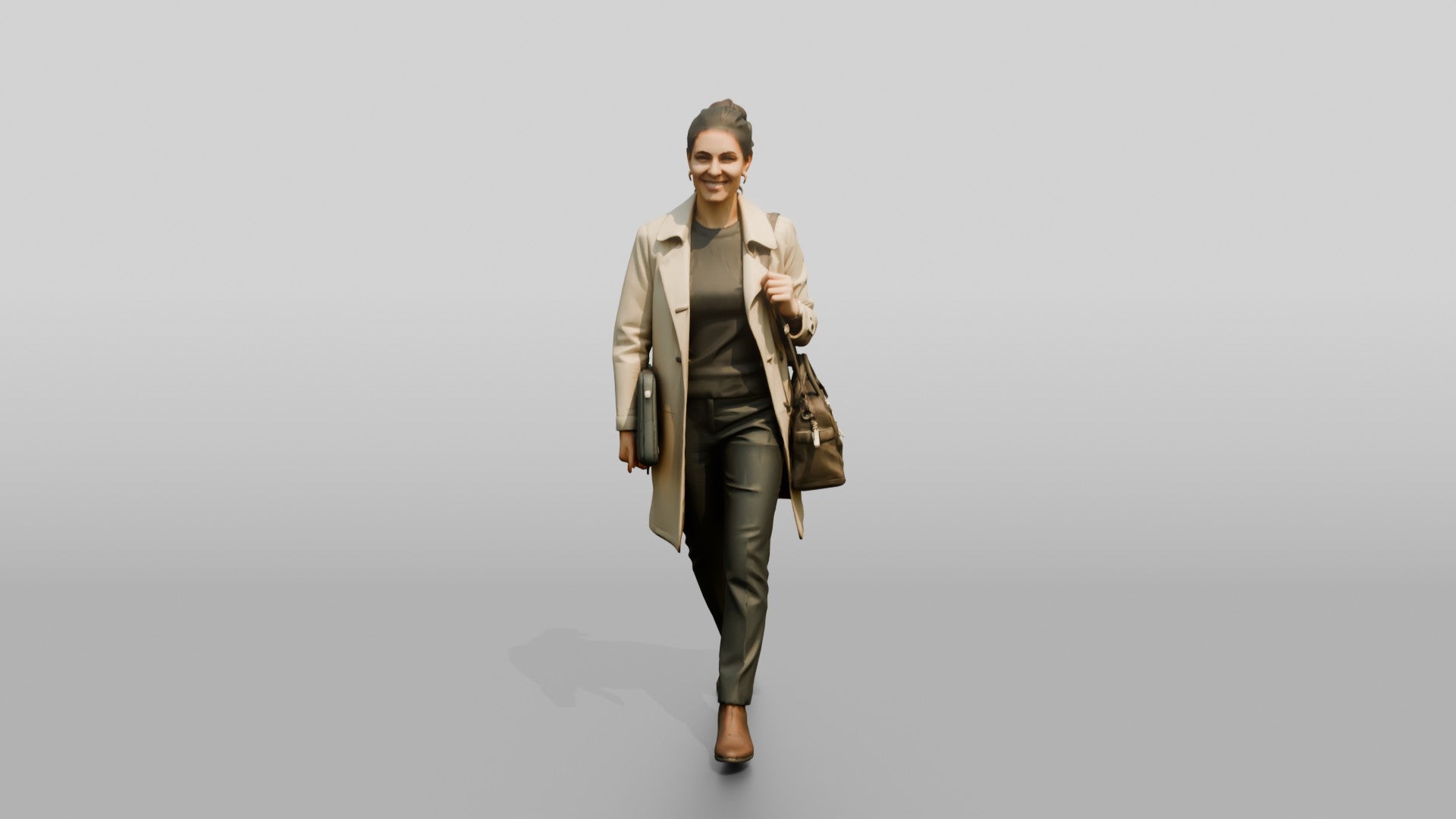 Woman in Beige Trench Coat Walking with Handbag and Briefcase