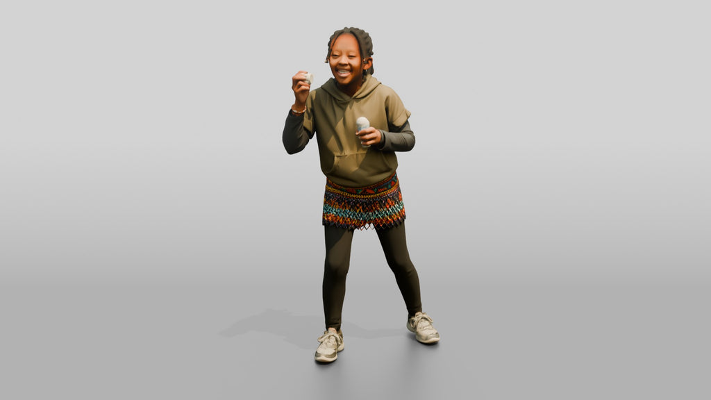 African Girl Blowing Bubbles in a Beaded Skirt
