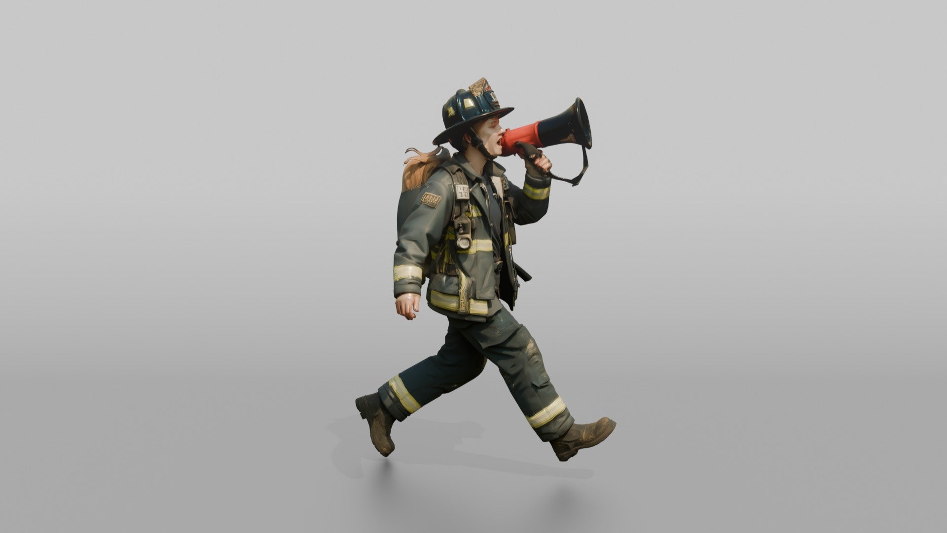 Firefighter Woman Running While Holding a Portable Megaphone