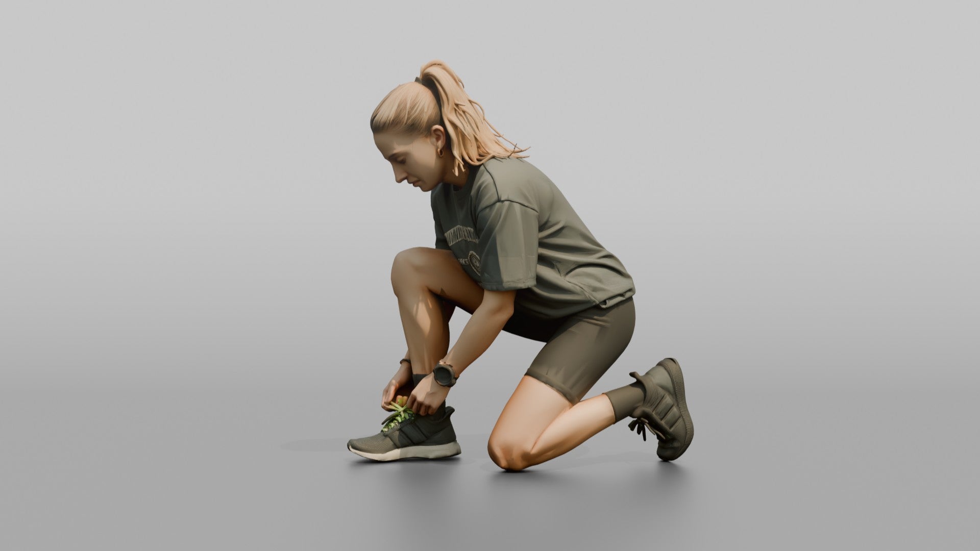 Woman Kneeling to Adjust Her Sneaker Laces