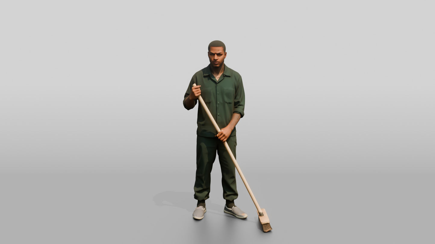 Black Male Prisoner in a Dark Green Uniform Holding a Push-broom