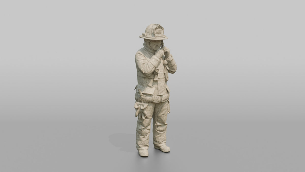 Firefighter Woman Adjusting the Chin Strap on Her Turnout Helmet - wireframe topology preview
