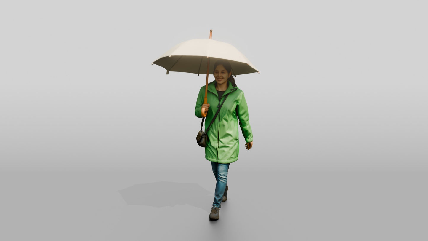 Indian Woman in Green Raincoat with White Umbrella