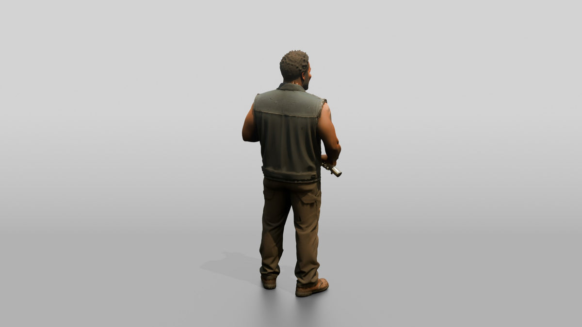 Mechanic Holding a Chrome Muffler - 3D character model, view 3