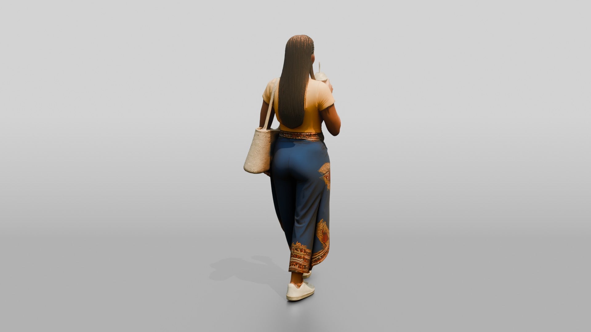 Curvy African Woman Drinking a Smoothie in Wrap Trousers