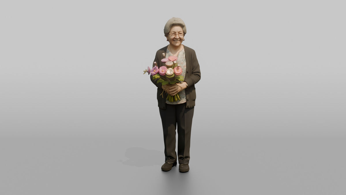 Grandmother Holding A Bouquet Of Garden Flowers - 3D character model, view 5