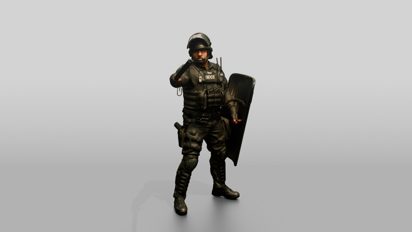 Riot Police Officer Pointing with Shield