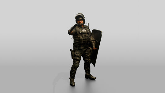 Riot Police Officer Pointing with Shield - 3D character model, view 1