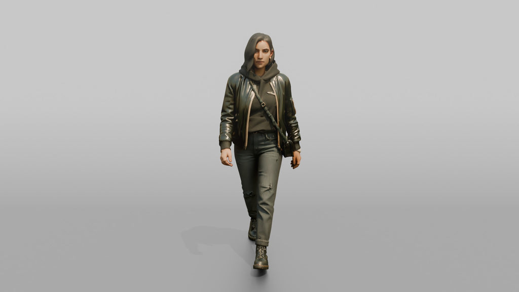 Young Woman in Olive Jacket Walking with Shoulder Bag