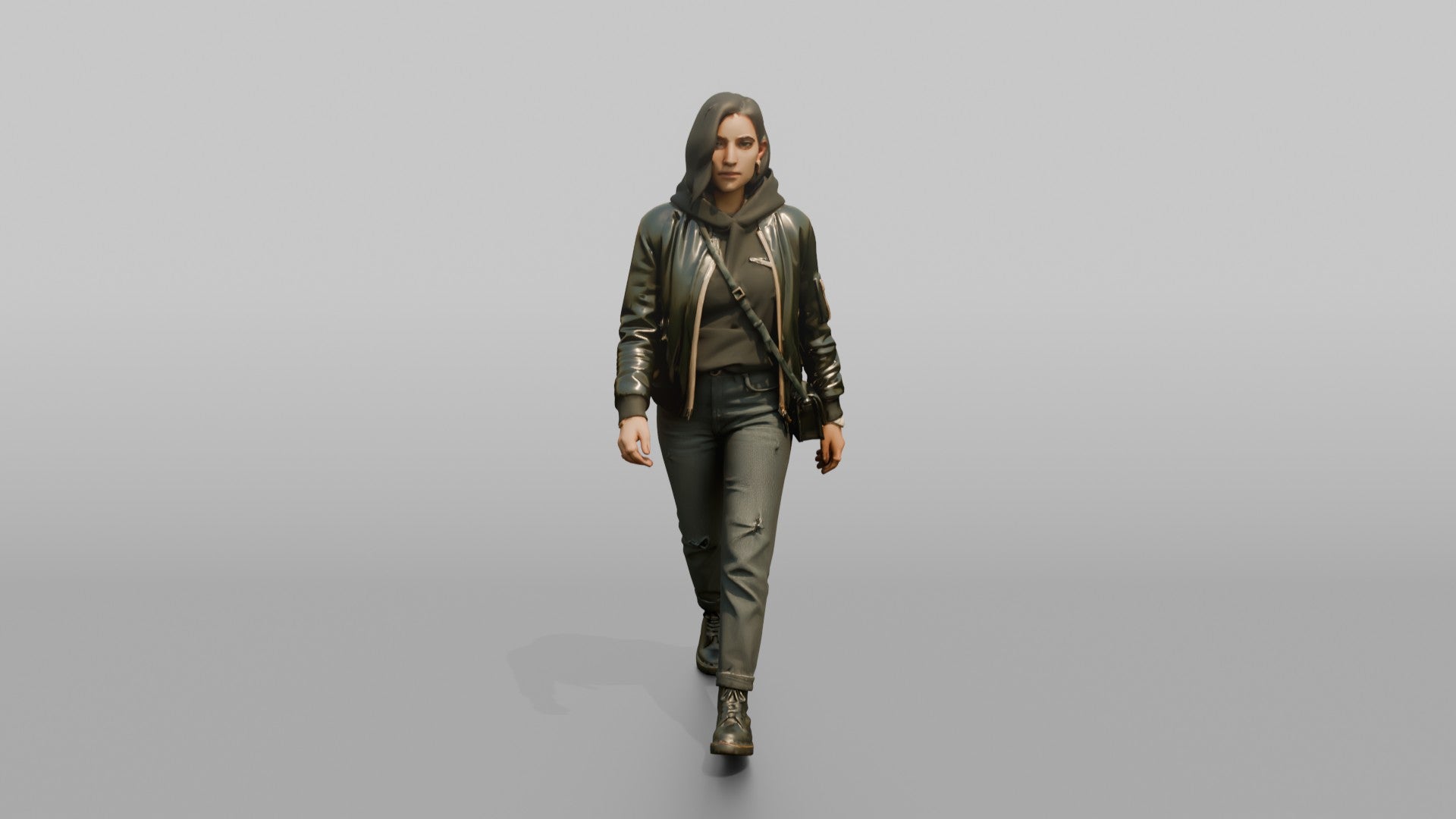 Young Woman in Olive Jacket Walking with Shoulder Bag