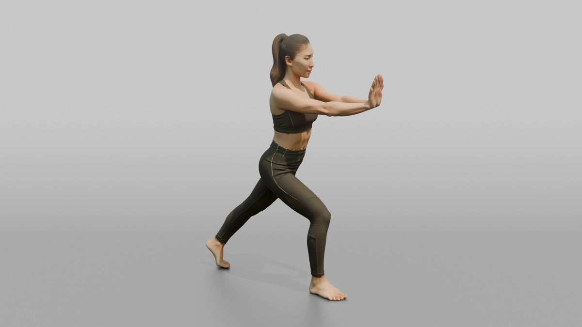 Fitness Influencer Woman Doing A Calf Stretch Against An Invisible Wall - 3D character model, view 3