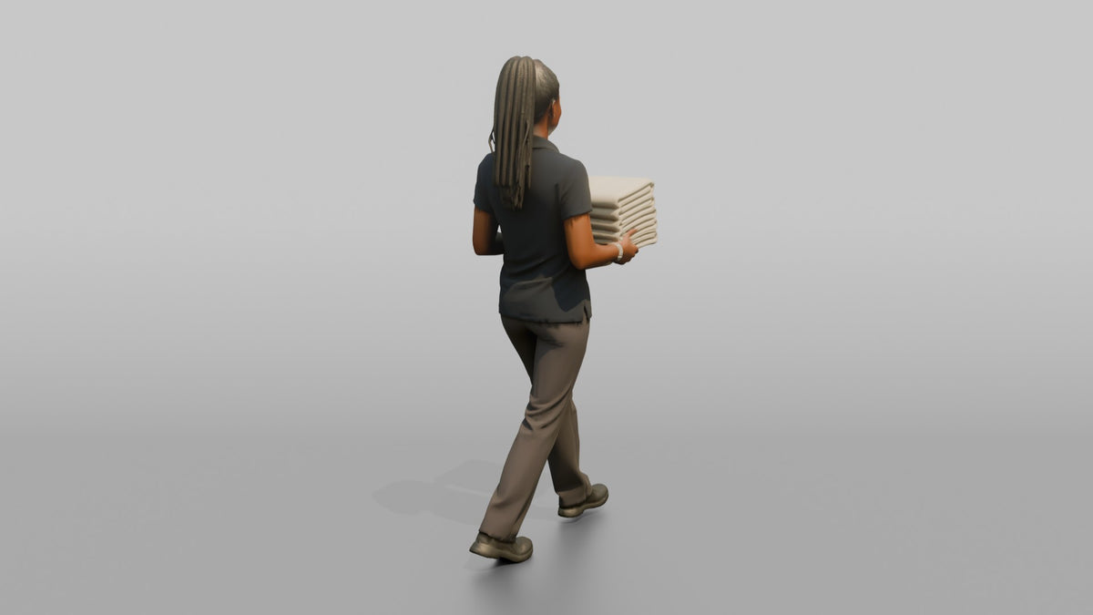 Spa Attendant Man Carrying A Stack Of Folded Pool Towels - 3D character model, view 3