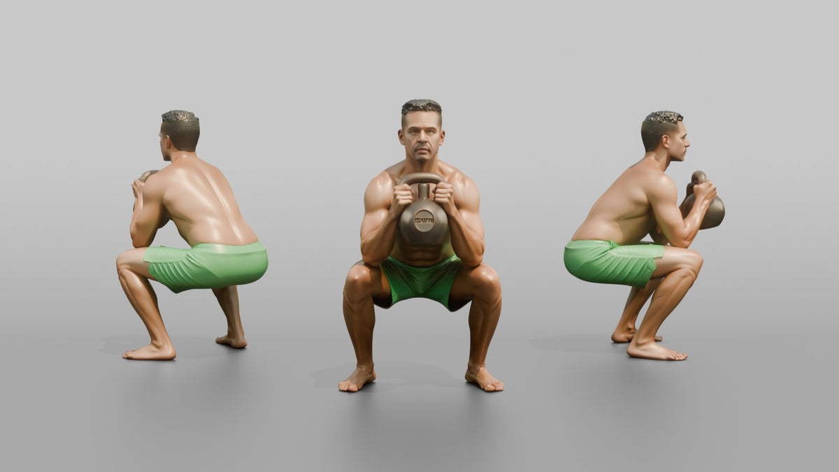 Weightlifter Man Holding A Kettlebell In A Goblet Squat Position - 3D character model, view 1