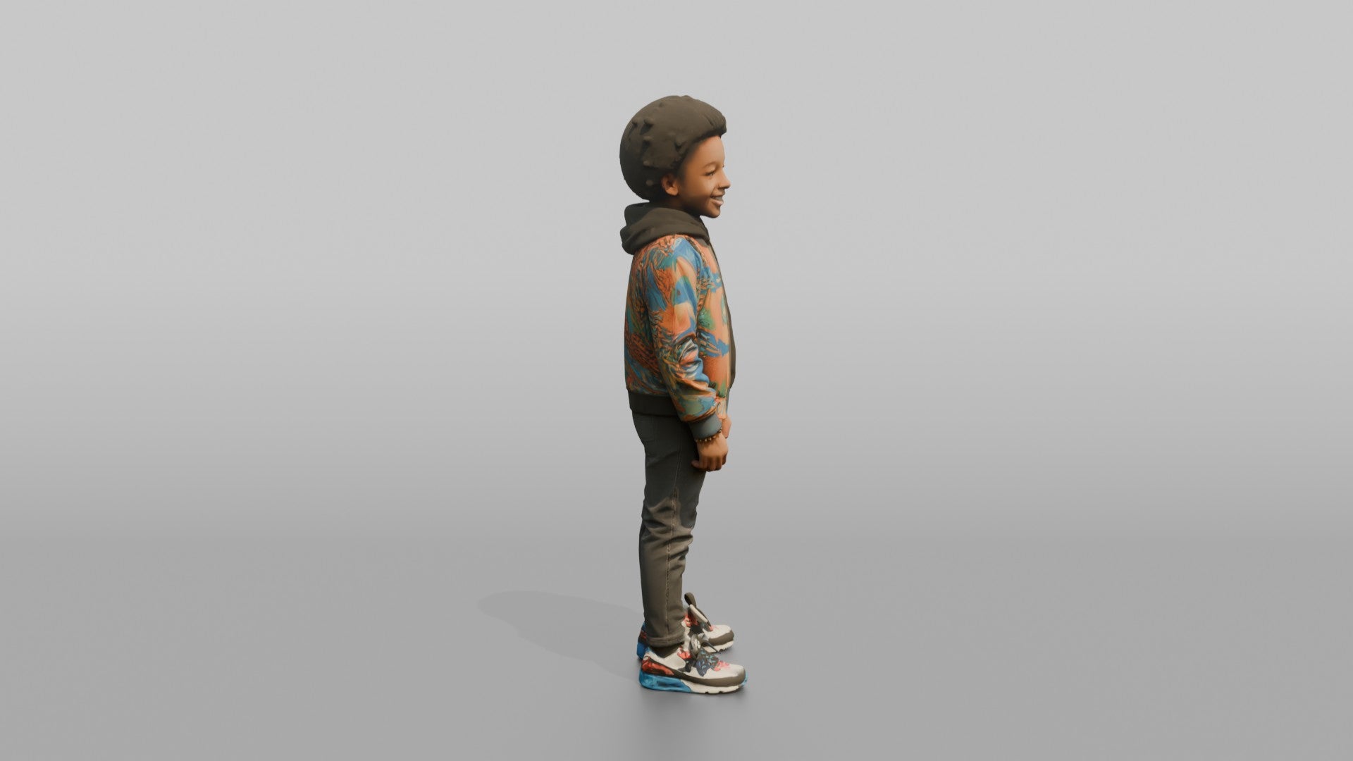 African Boy in Colorful Bomber Jacket and Sneakers