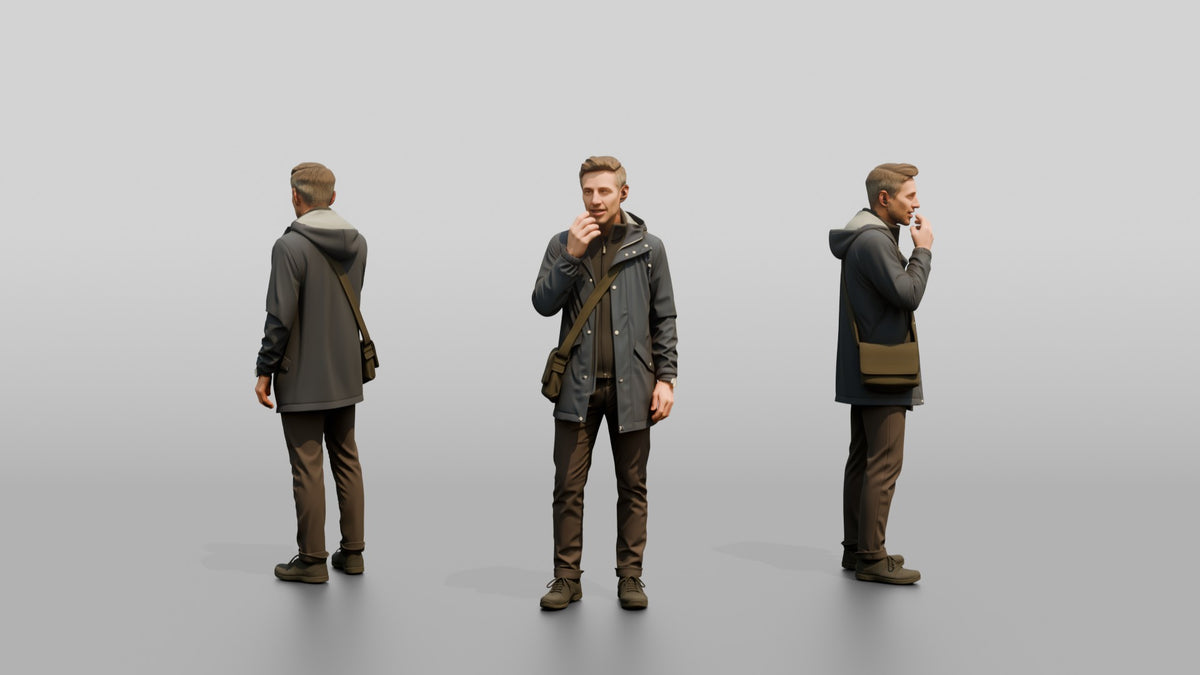 White Man in Dark Raincoat with Earbud - 3D character model