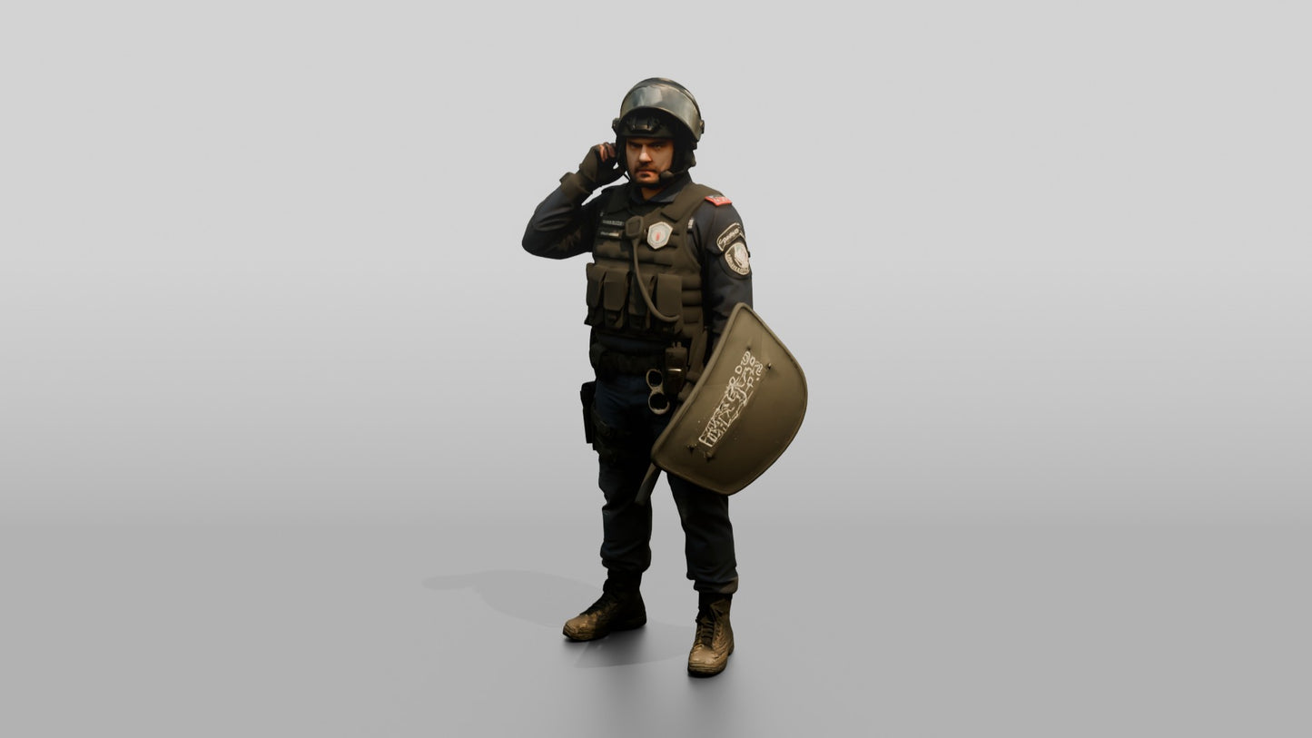 Riot Police Officer Adjusting Helmet