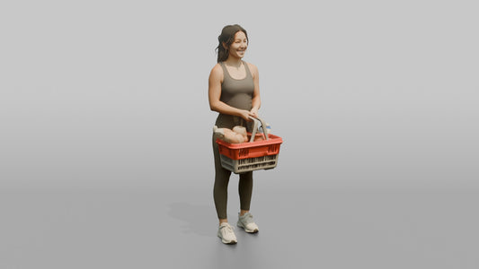Woman Customer Holding A Shopping Basket With Both Hands - 3D character model