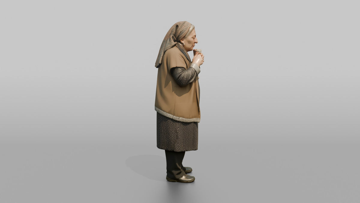 Grandmother Holding A Cup Of Tea, Blowing On It Gently - 3D character model, view 2