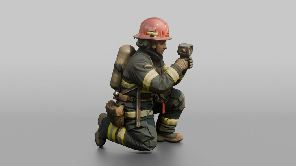 Firefighter Woman Crouching While Scanning Ahead with a Handheld Thermal Imaging Camera