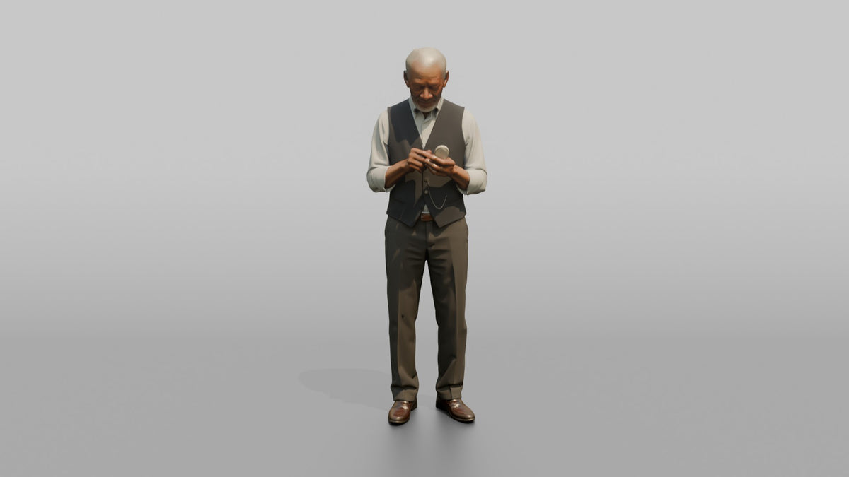Grandfather Holding A Pocket Watch, Checking The Time - 3D character model, view 5