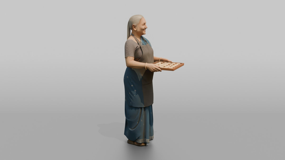 Grandmother Holding A Tray Of Freshly Baked Cookies - 3D character model, view 2
