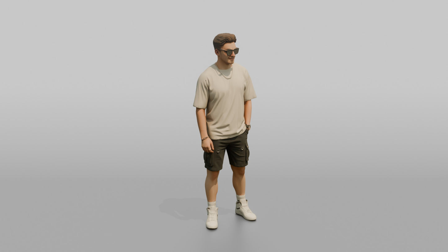 British Man Posing in an Oversized T-Shirt and Cargo Shorts