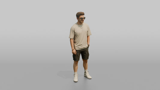 British Man Posing in an Oversized T-Shirt and Cargo Shorts - 3D character model, view 1