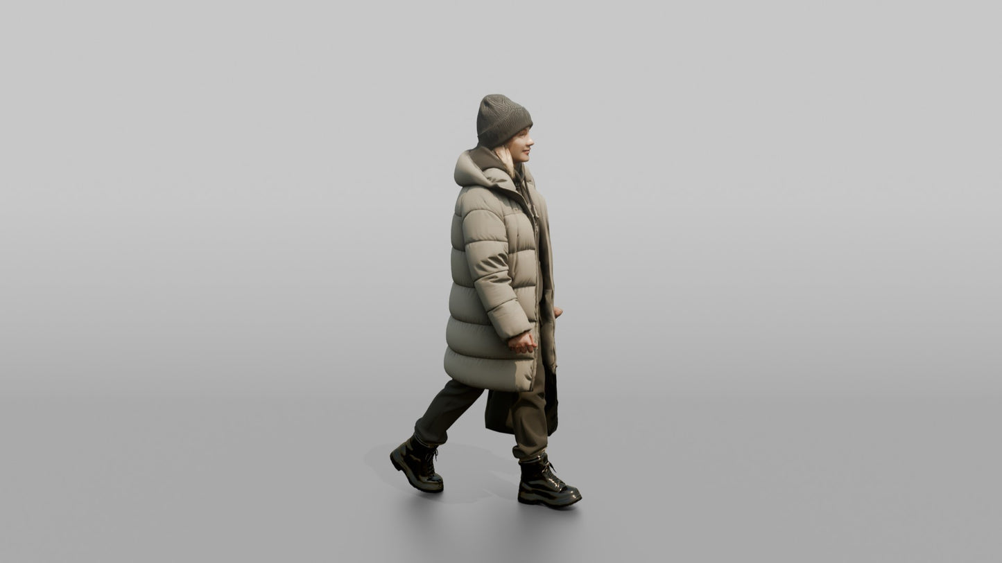 Scandinavian Woman Walking in an Oversized Puffer Coat