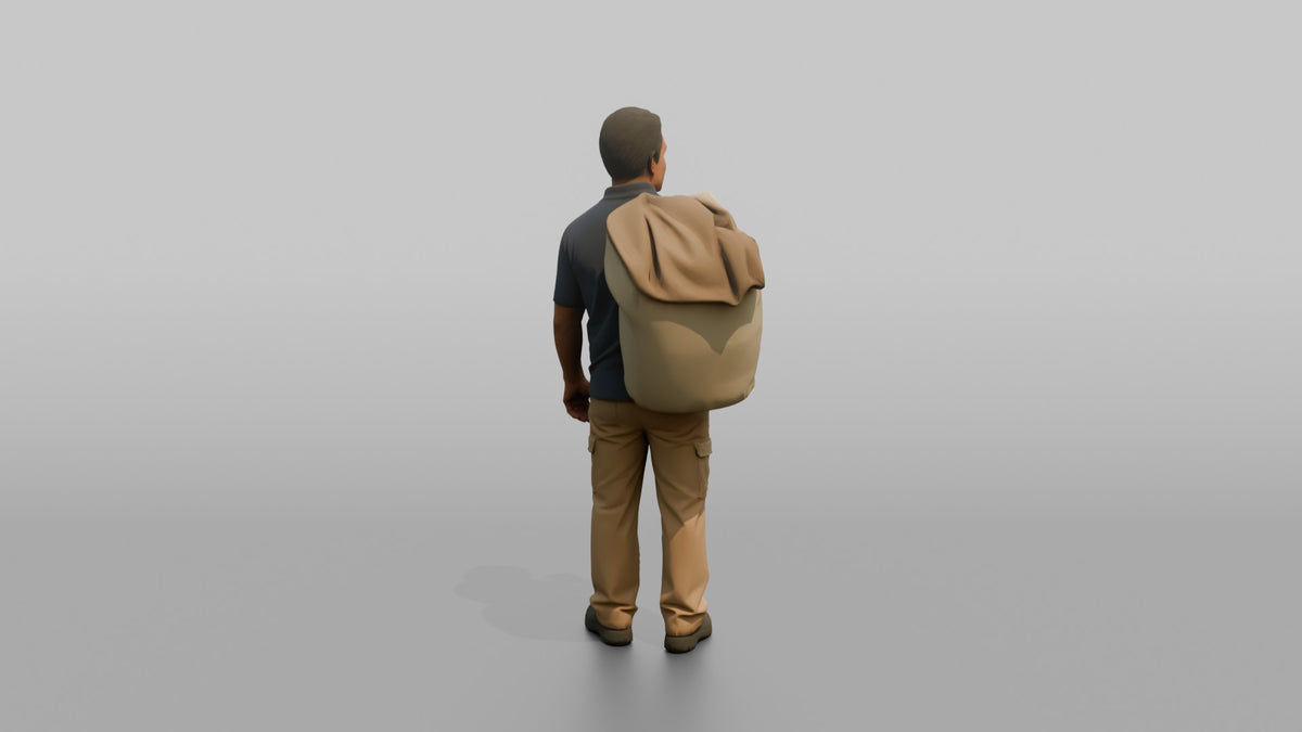 Housekeeping Staff Man Carrying A Laundry Bag Over One Shoulder - 3D character model, view 3
