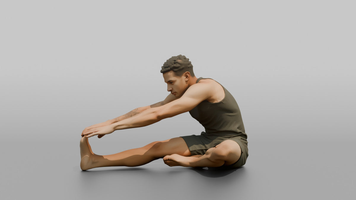 Fitness Influencer Man Stretching One Leg Forward, Hands Reaching Toward The Foot - 3D character model, view 4