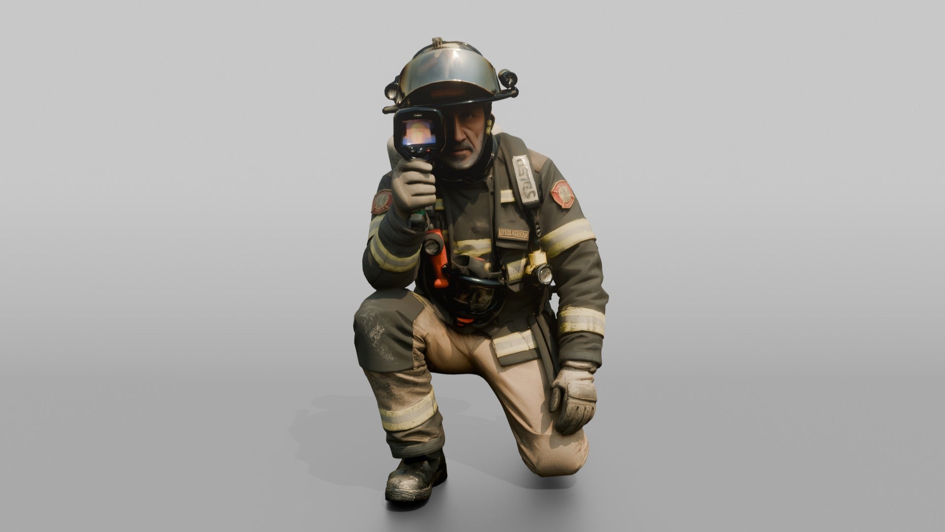 Firefighter Man Crouching Low with Thermal Vision Scope