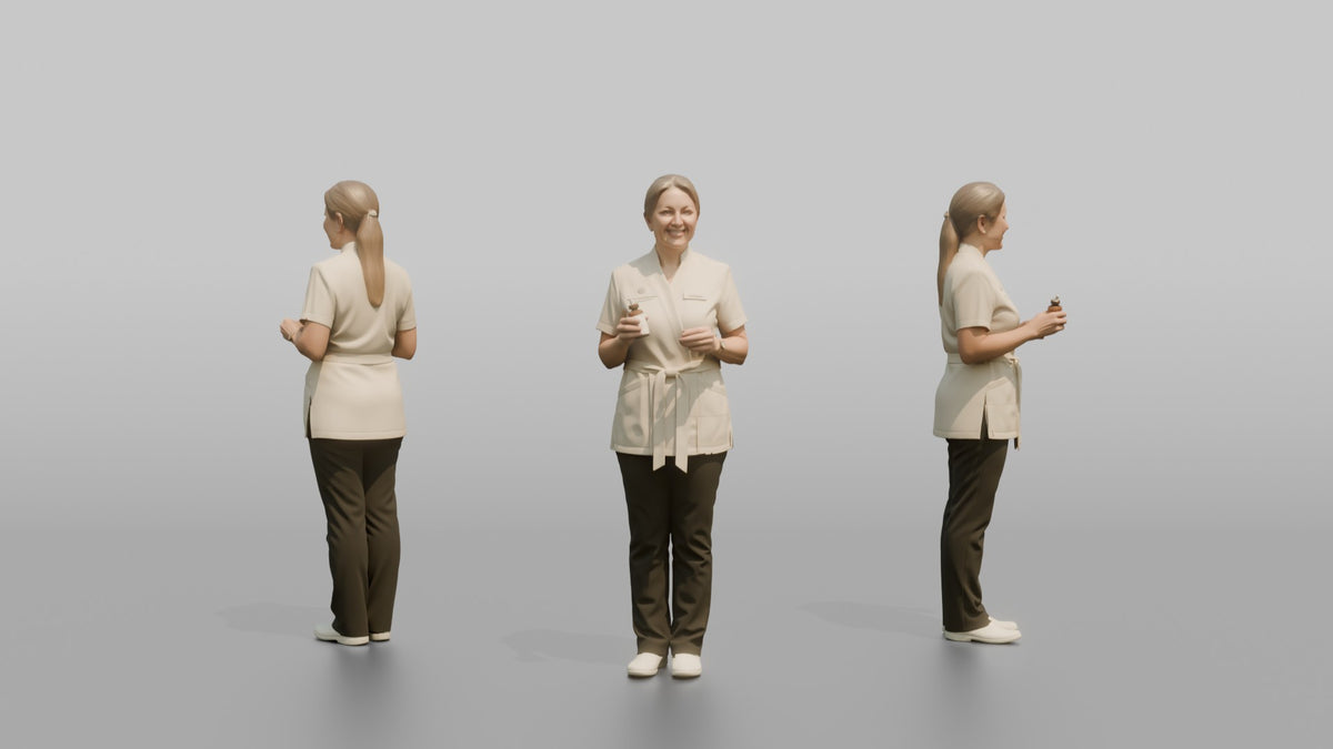 Esthetician Woman Holding A Cotton Pad And Small Bottle - 3D character model, view 1