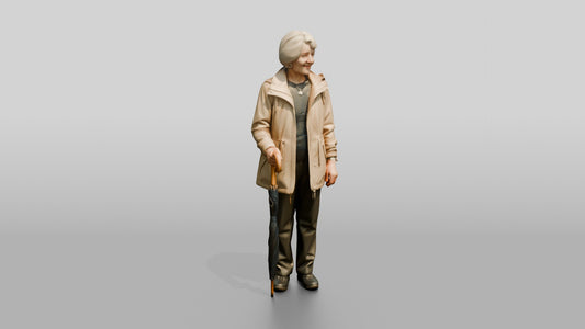 Elderly White Woman Standing with an Umbrella - 3D character model, view 1