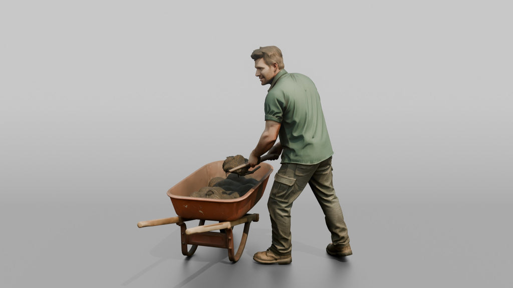 Farmer Shoveling Manure Into Wheelbarrow