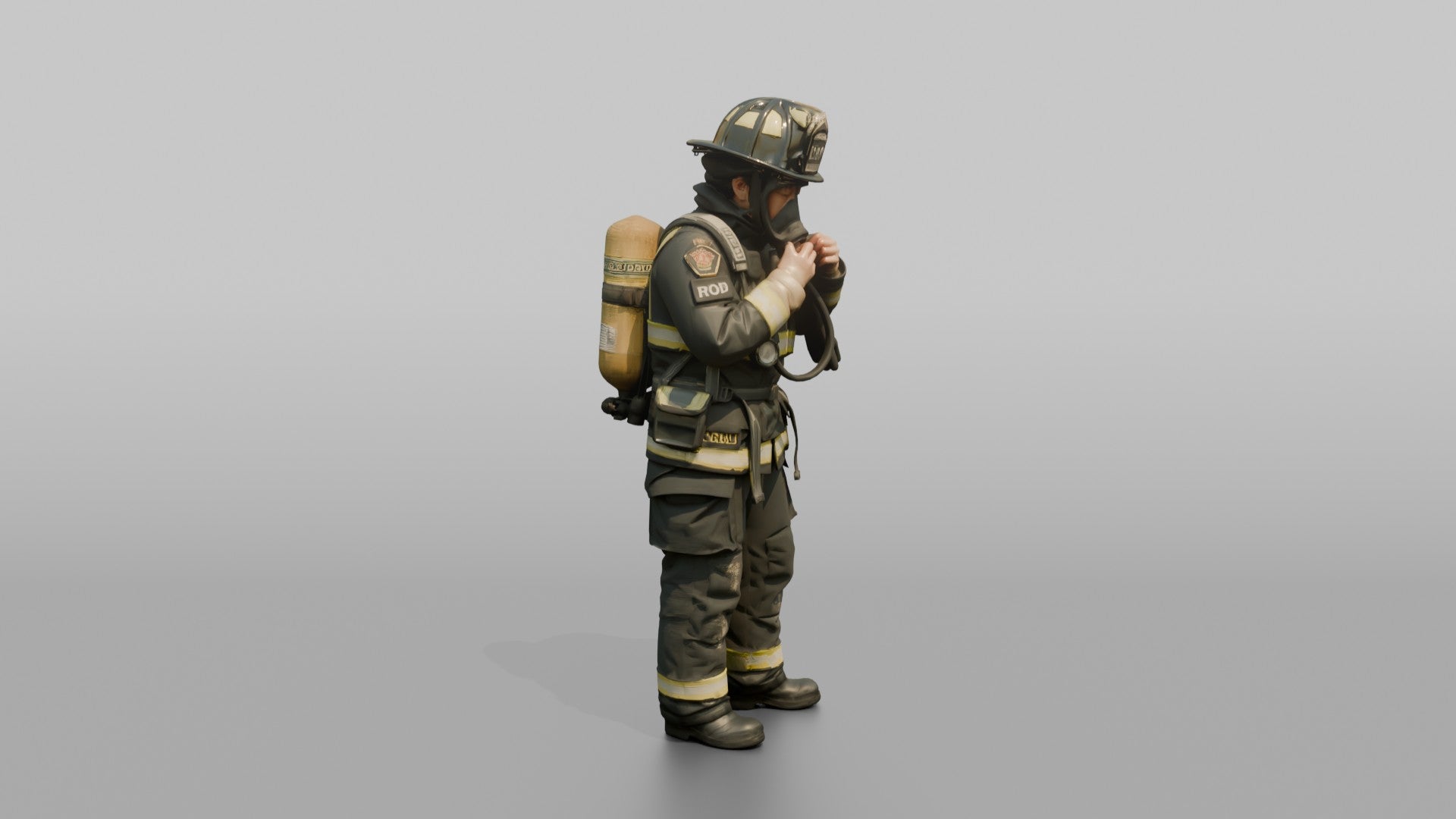 Firefighter Woman Adjusting Her Face Mask Regulator