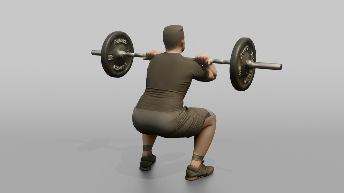 Weightlifter Man Holding A Barbell At Chest Height For A Front Squat - 3D character model, view 3