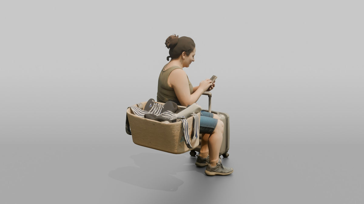 Traveler Scrolling Her Phone At The Gate - 3D character model, view 2