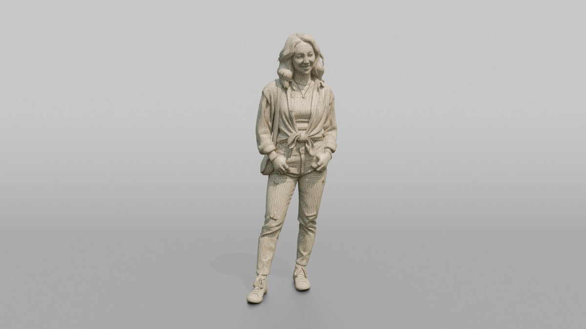 Patron Woman Wearing An Oversized Colorful Flannel Tied At The Waist - wireframe topology preview