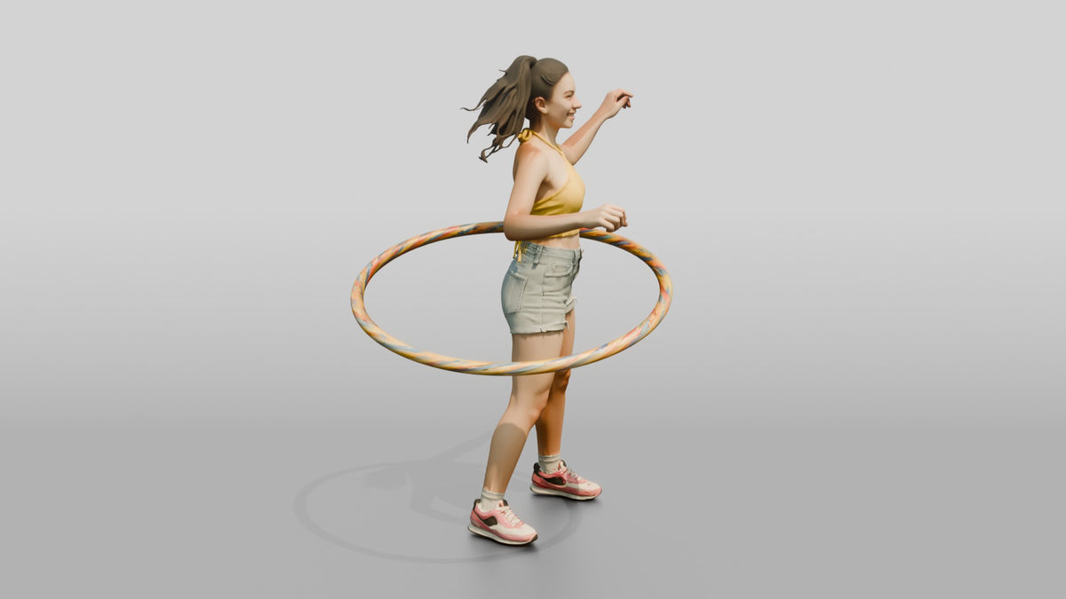 Woman Hula-Hooping in Denim Shorts - 3D character model, view 2