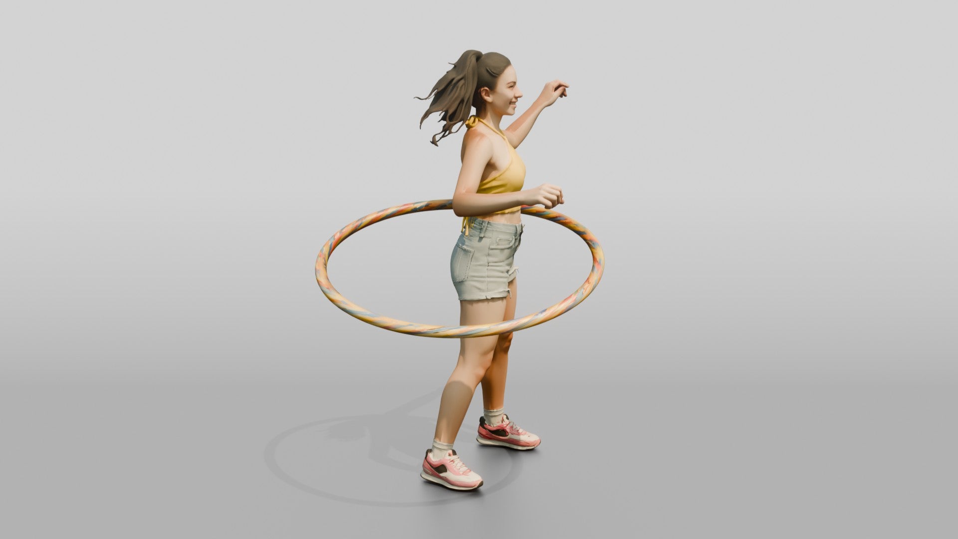 Woman Hula-Hooping in Denim Shorts